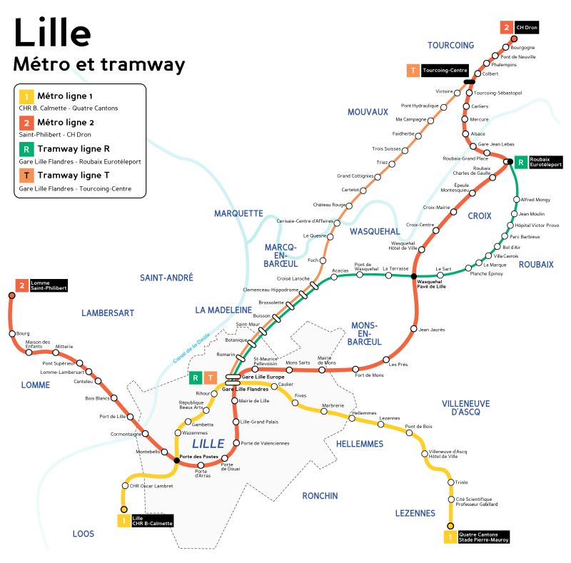Lille villamos- és metróhálózata (kép forrása: Wikipedia)