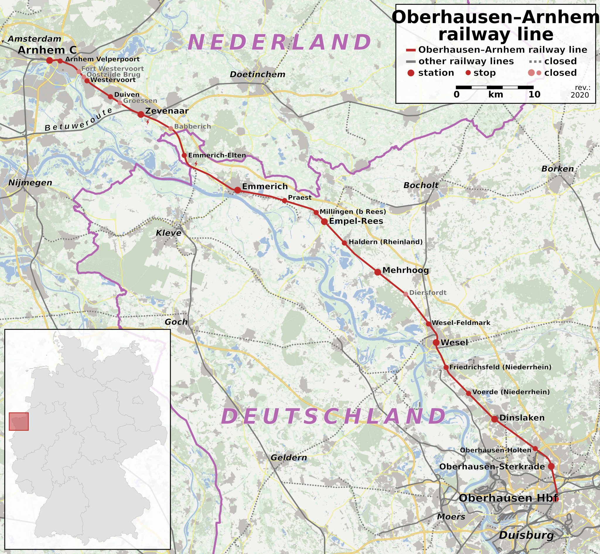 A németországi Oberhausen és a hollandiai Arnhem között átépülő vasútvonal (kép forrása: Wikimedia / railfreight.com)