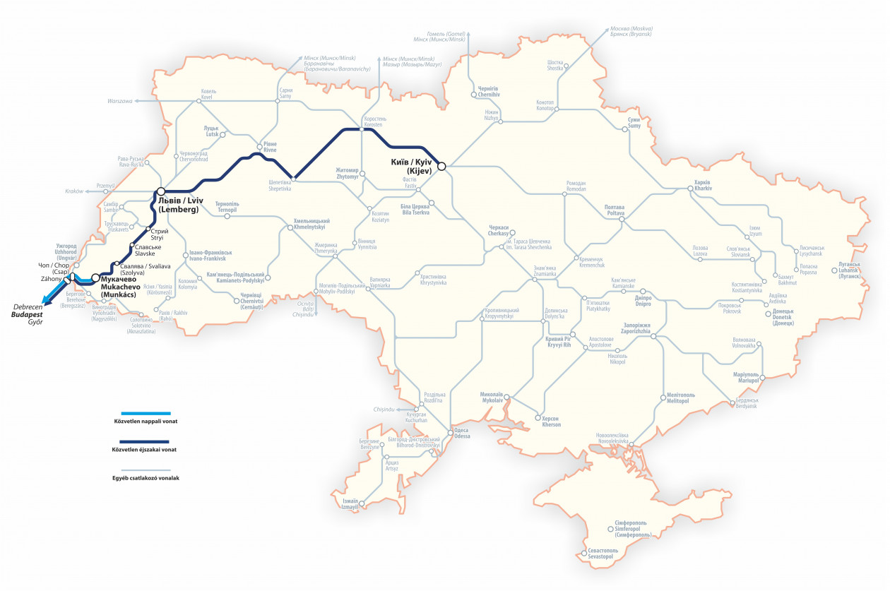 A nappali és éjszakai kijevi vonatok útvonala (kép forrása: MÁV Zrt.)