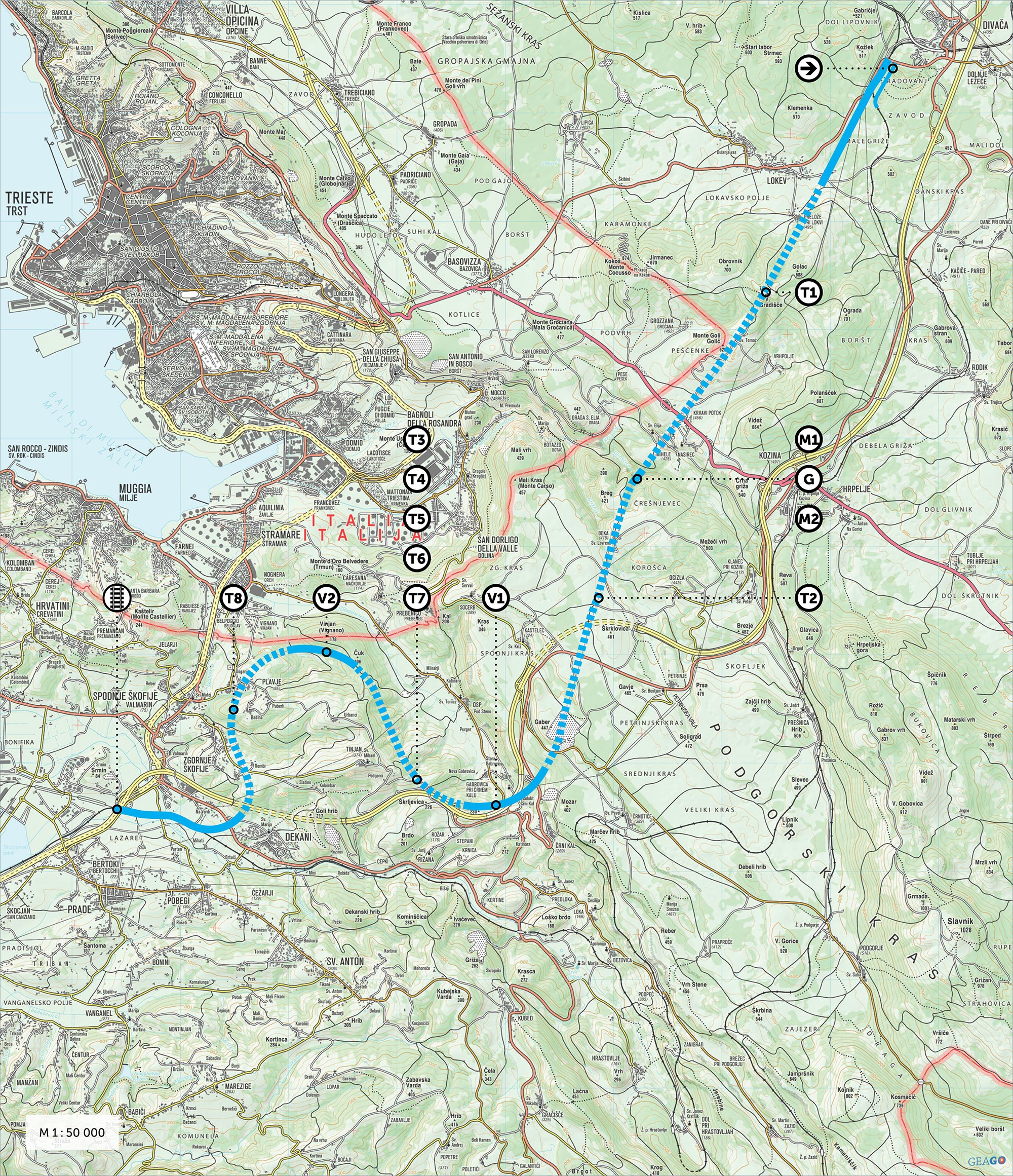 A Koper és Divača között hegyi terepen kanyargó új pálya nyomvonala (kép forrása: railfreight.com)