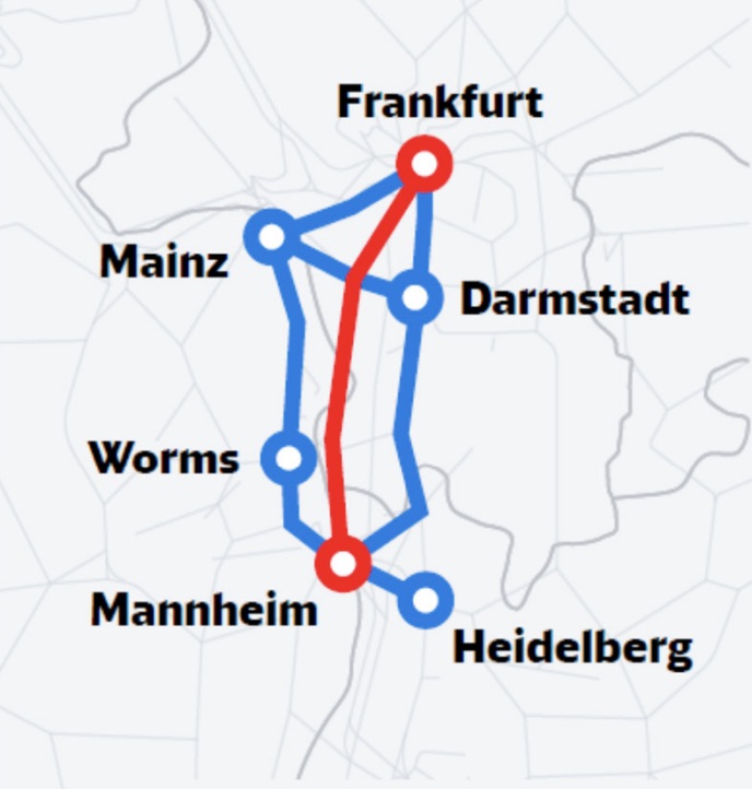 A Frankfurtot Mannheimmal összekötő Riedbahn útvonala (kép forrása: railfreight.com)