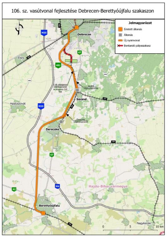 A 106-os Berettyóújfaluig vezető, új nyomvonala (kép forrása: ÉKM)