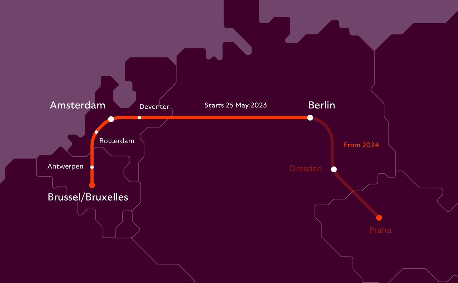 A European Sleeper szerelvényei egyelőre csak a Brüsszel–Amszterdam–Berlin útvonalon közlekednek, várhatóan 2024-től viszont Drezdán át Prágáig nyújtózik tovább a hálózat (kép forrása: Railway Gazette)