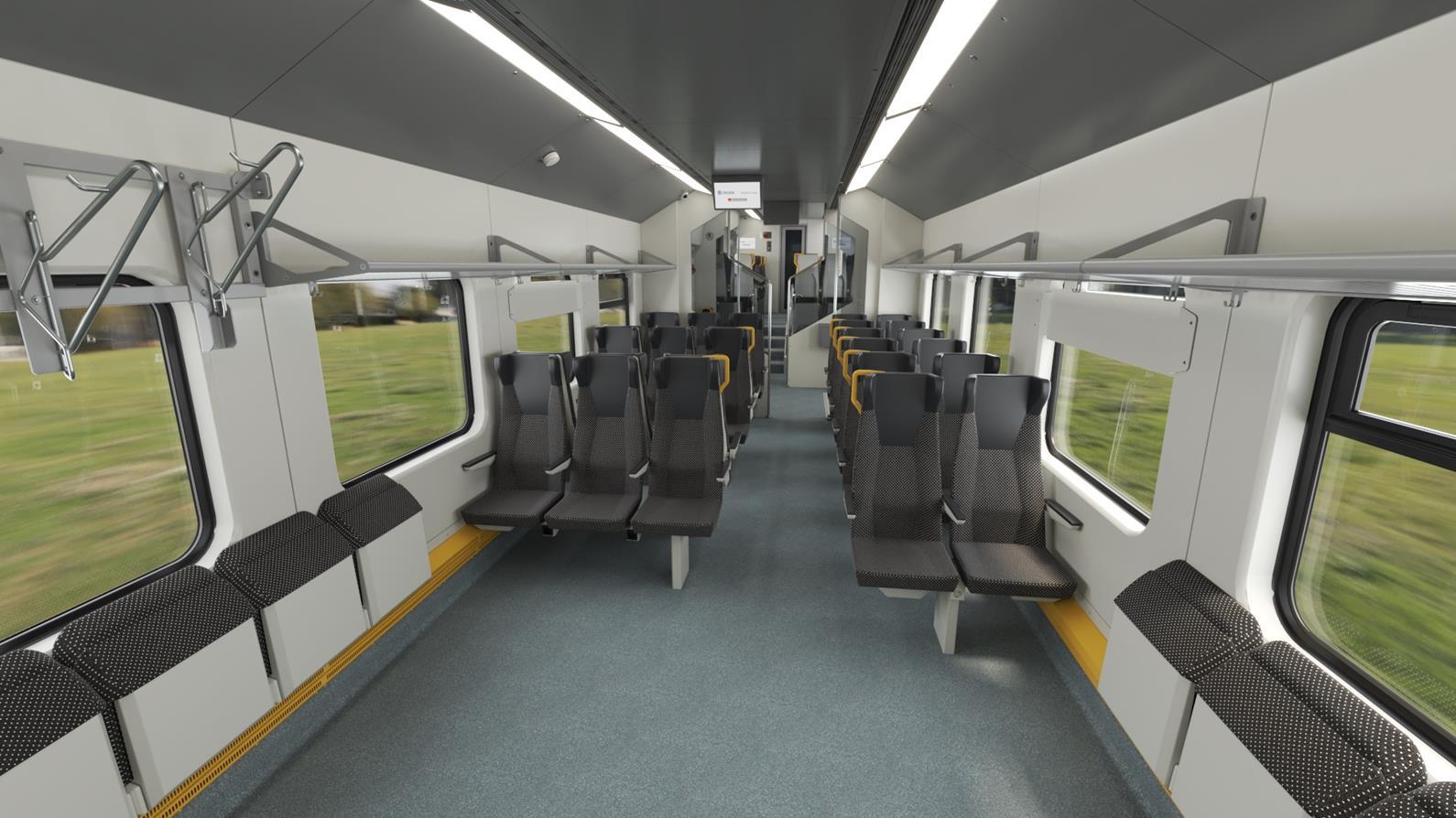 Az akkus szerelvények utastere (kép forrása: Škoda-csoport / Railway Gazette)