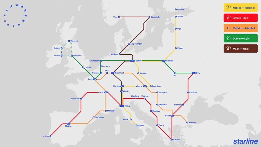Lehetséges Starline-útvonalak (kép forrása: Starline / 21st Europe)