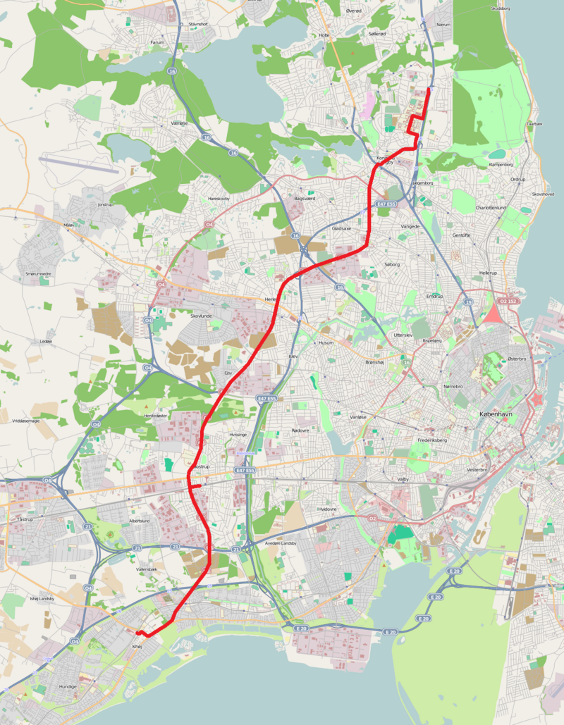 A Hovedstadens Letbane útvonala (kép forrása: Wikipedia)