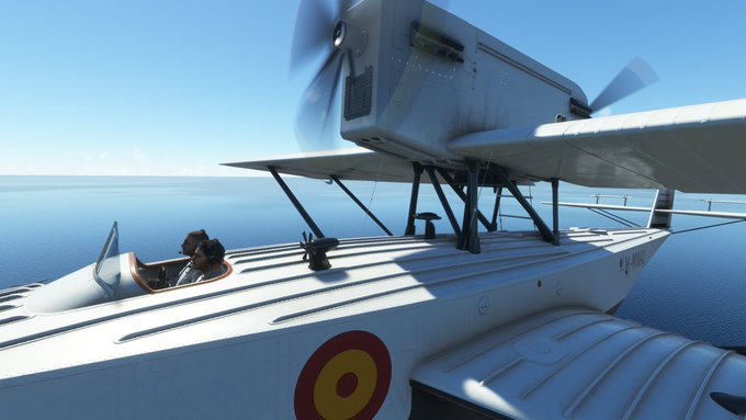 A pilóta a jobb oldalon ült, a szárnyak felett elhelyezett motorokhoz létrán lehetett feljutni (illusztráció: Microsoft Flight Simulator, Patrick Chovanec)