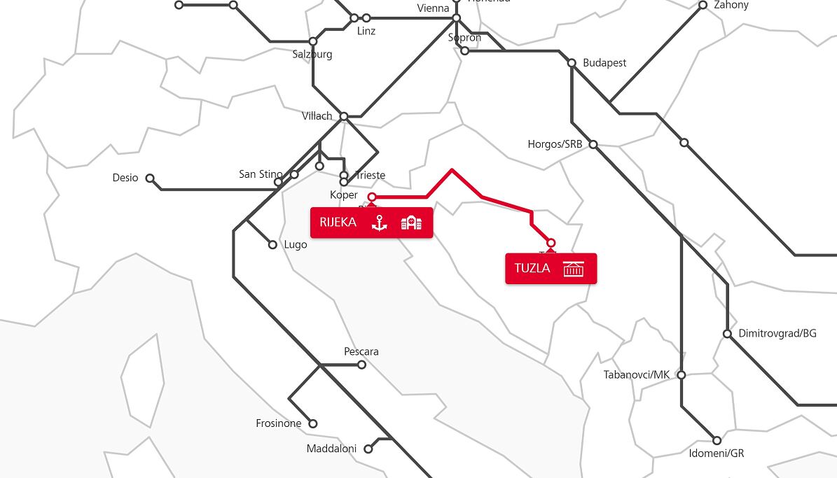 Az új Tuzla–Fiume fuvar útvonala (kép forrása: RCG)