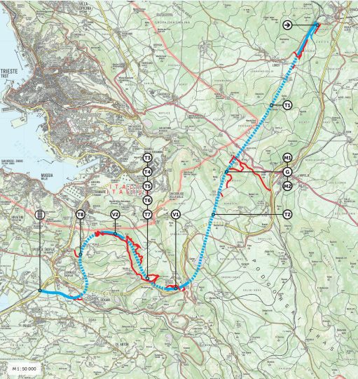 A Koper és Divača között hegyi terepen kanyargó új pálya nyomvonala (kép forrása: railfreight.com)