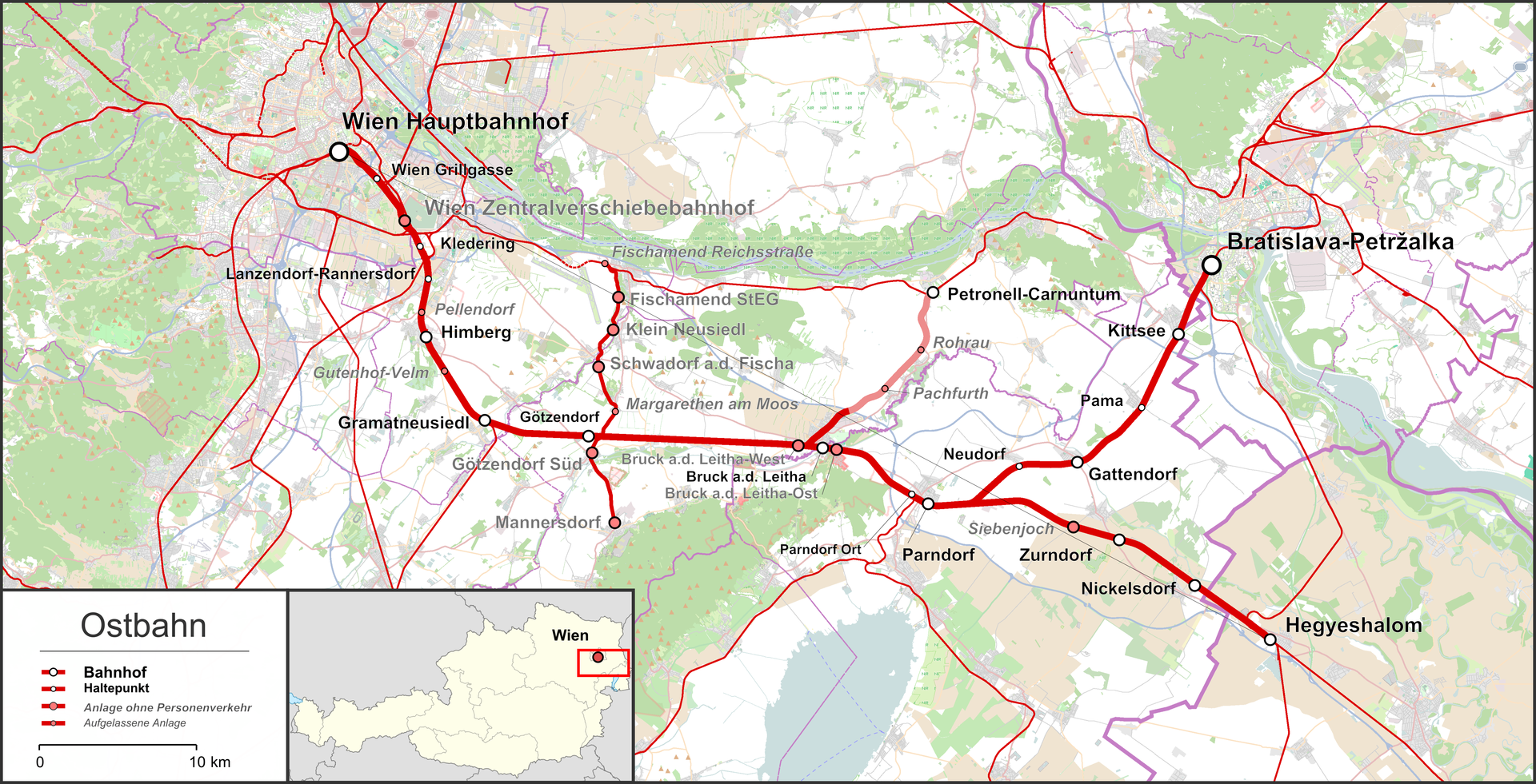 Javában zajlik a Bécset és Pozsonyt északról összekötő úgynevezett Marchegger Ostbahn vonal (a térkép legfelső részén található nyílenegyenes szakasz) korszerűsítése (képek forrása: Wikipedia)