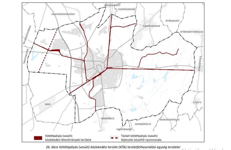 Debrecen, a kötöttpályás (vasúti) közlekedési terület (KÖK) területfelhasználási egység területei. Érdemes összevetni a korábbi, a szövegben linkkel jelölt írásunkban közreadott, a 106-os Berettyóújfaluig vezető, új nyomvonala című ábrával