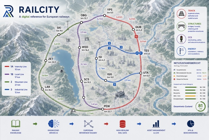 A RailCity virtuális vasúthálózat (kép forrása: 3Binfra / Railway Gazette)