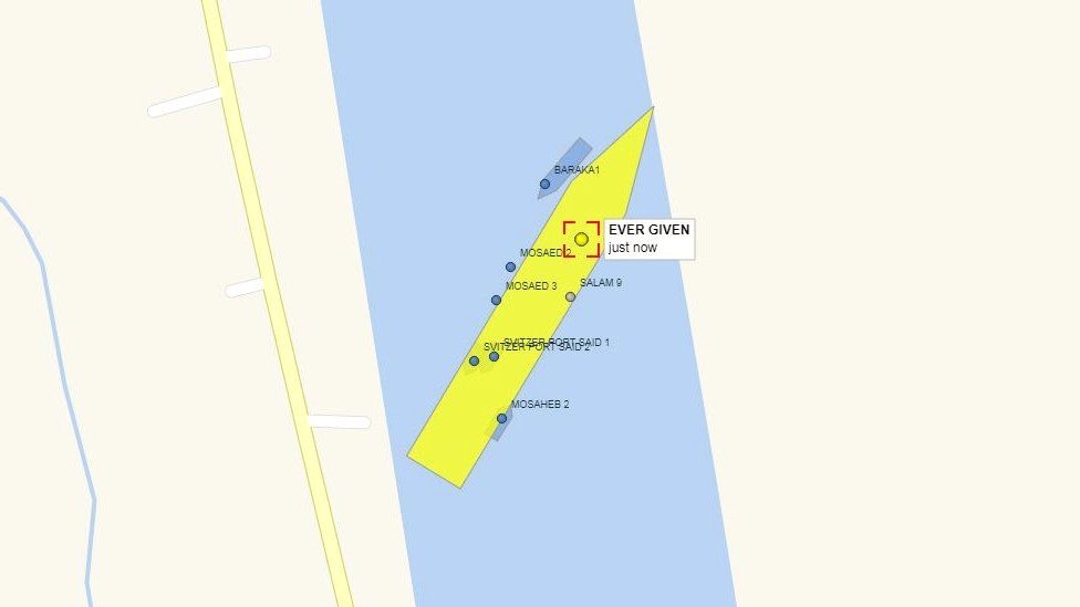 A Vessel Finder oldal adatai alapján az Ever Given jobbra fordulva állt keresztbe a Szuezi-csatornában (kép forrása: vesselfinder.com)