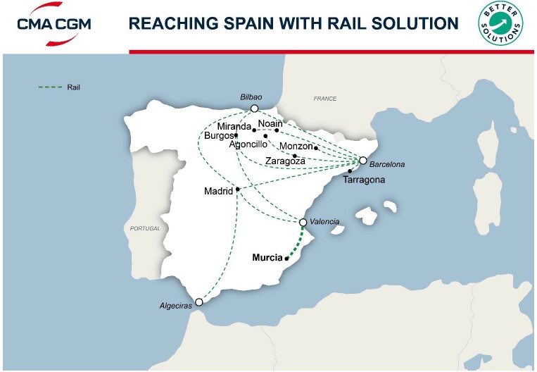A CMA CGM spanyolországi szállítási hálózata az új murciai fuvarral (kép forrása: CMA CGM)