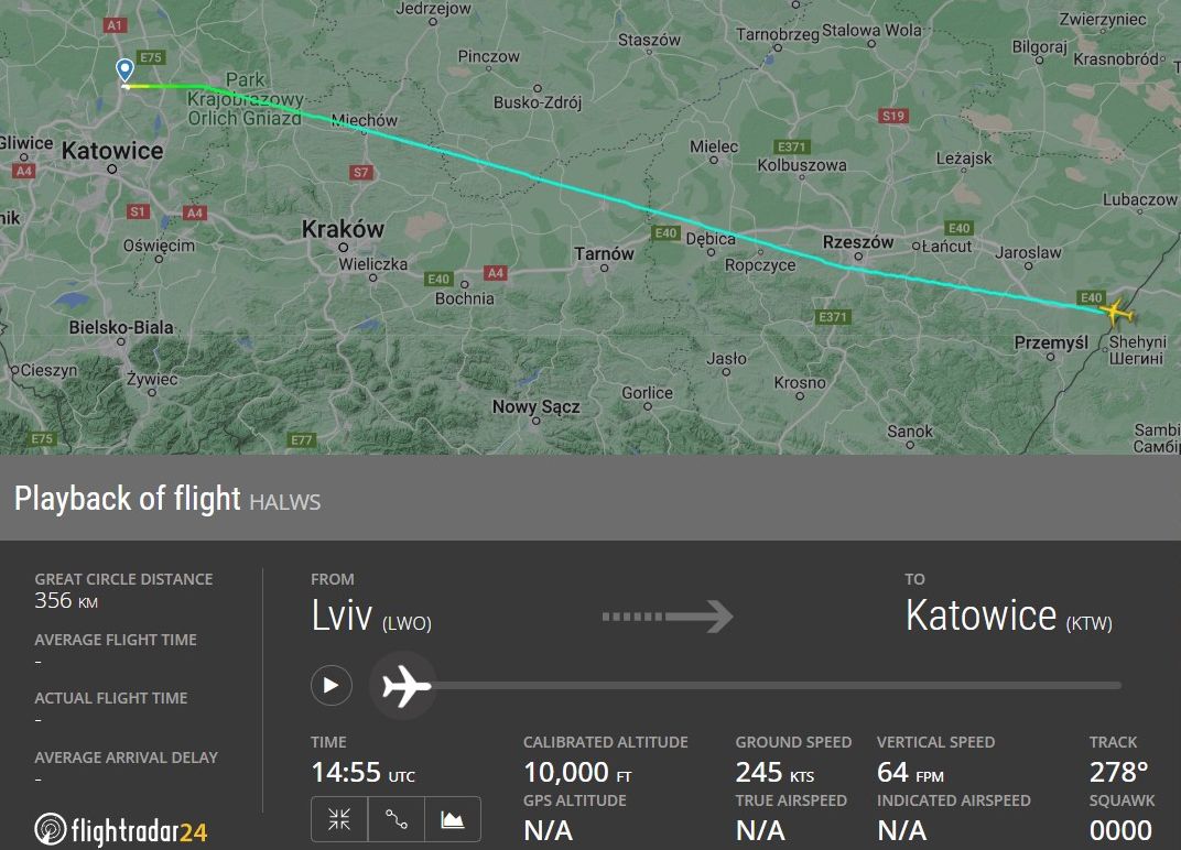 A Lvov–Katowice repülés: Flightradar, Twitter, Simple Flying) 