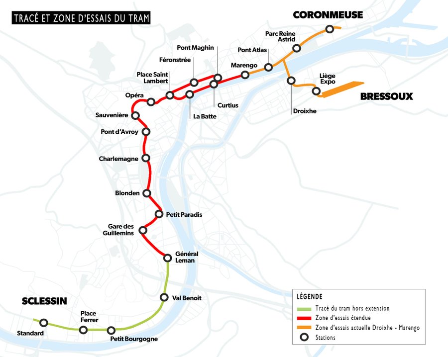 A liège-i villamosvonal térképe (kép forrása: Urban Transport Magazine)