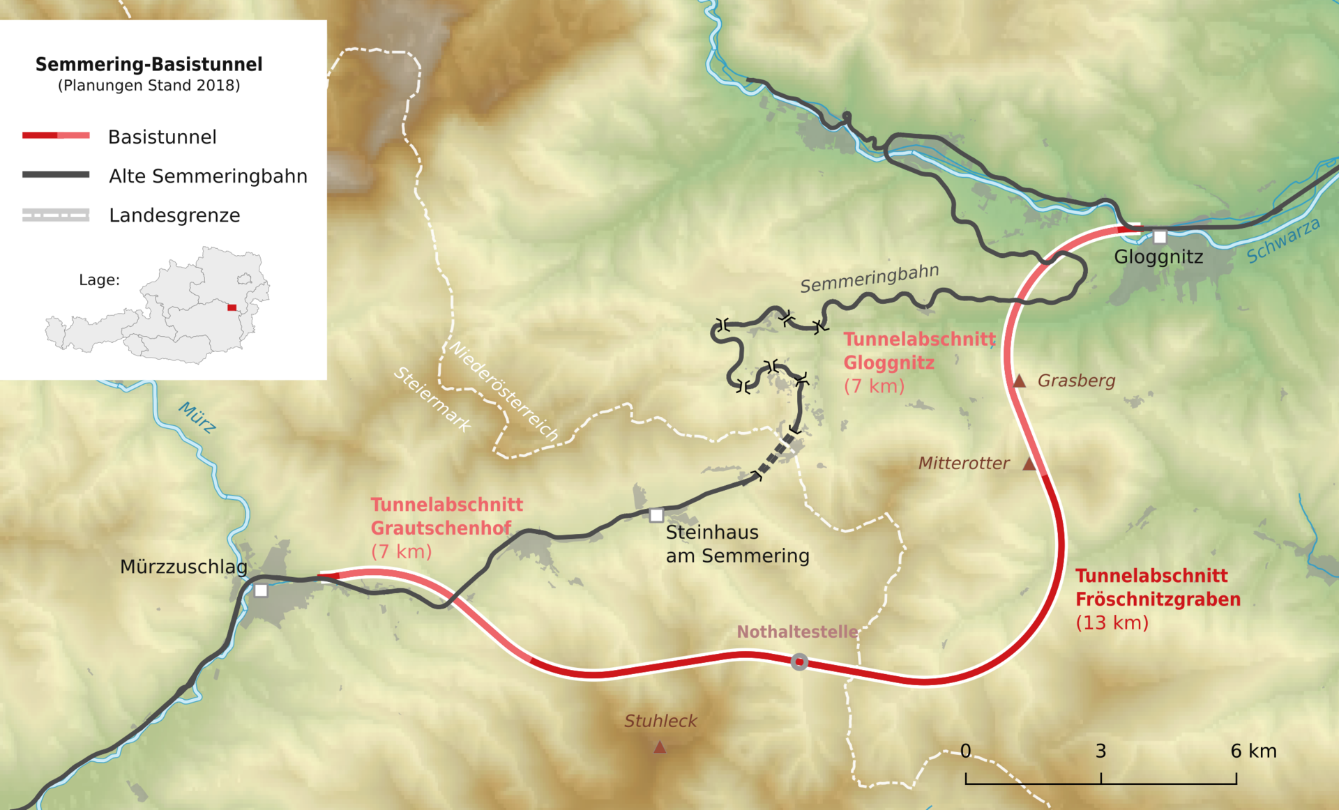 A Semmering-bázisalagút jelentősen meg fogja könnyíteni a semmeringi vonal közlekedését (térkép forrása: Wikipedia)