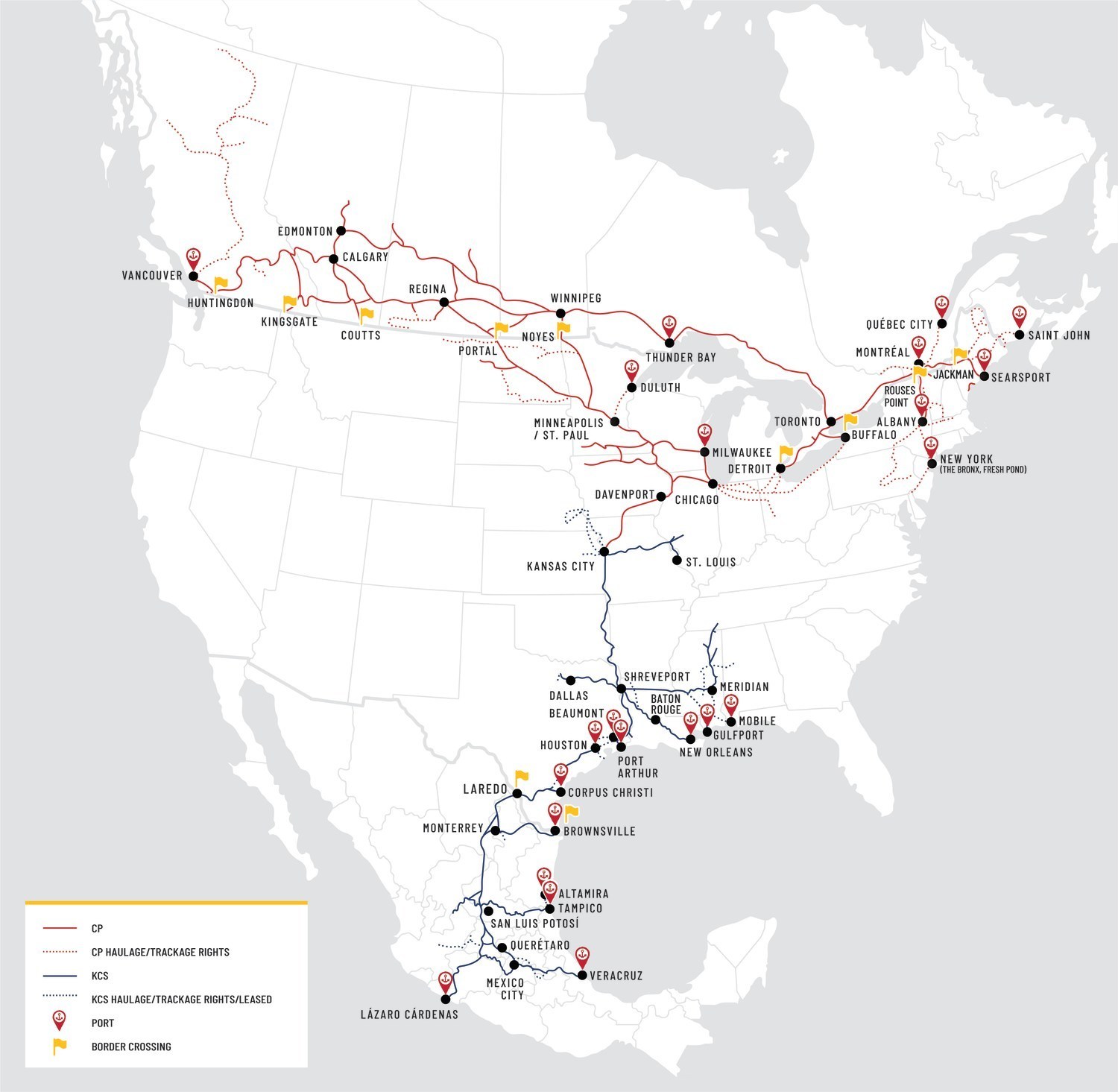 A CP és a KCS összeolvadásával egy Kanadától az Egyesült Államok középső részét át Dél-Mexikóig tartó egységes vasúthálózat jön létre (kép forrása: CP)