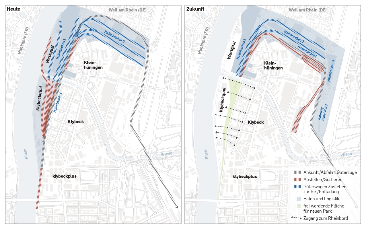 Balra a kikötő vasúthálózatának jelenlegi elrendezése, jobbra pedig a jövőben várható kinézet (kép forrása: Basel-Stadt kanton / railfreight.com)
