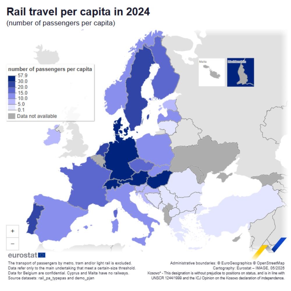 Az európai (uniós) polgárokra jutó vasúti utazások száma (per fő); a statisztika kizárólag a nagyvasúti utazásokat összegzi. A belga adatok nem nyilvánosak, ezért az utaskilométerekre vonatkozó uniós összesítések nem tartalmazzák az ország nemzeti utazási ismérveit. Cipruson és Máltán nincs vasút (forrás: Eurostat)