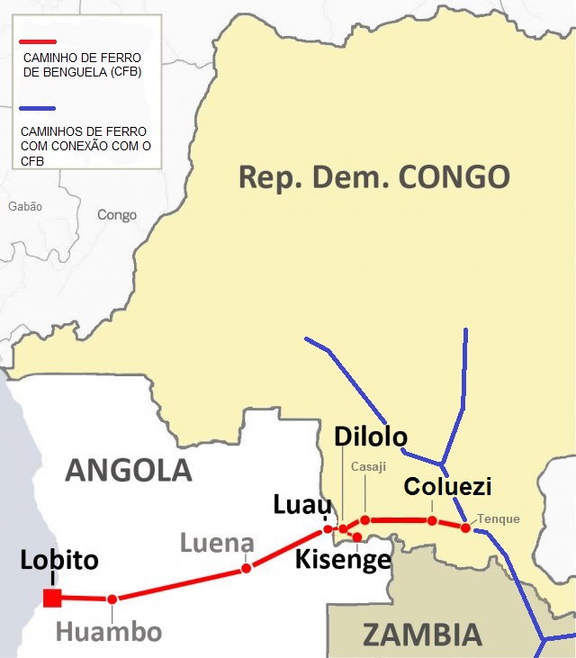 A Kongótól az Atlanti-óceánhoz vezető Benguela-vasútvonal (térkép forrása: Wikipedia)