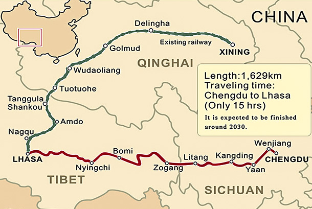 Tibet székhelyére, Lhászába már két irányból is el lehet jutni vasúton, ráadásul Nyingcsiből villamosított pályán (térkép forrása: thetibetpost.com)