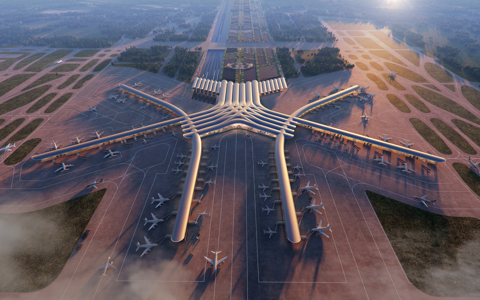 A várhatóan 2027-re elkészülő, intermodális CPK repülőtér látványterve (kép forrása: Foster + Partners / archdaily.com) 