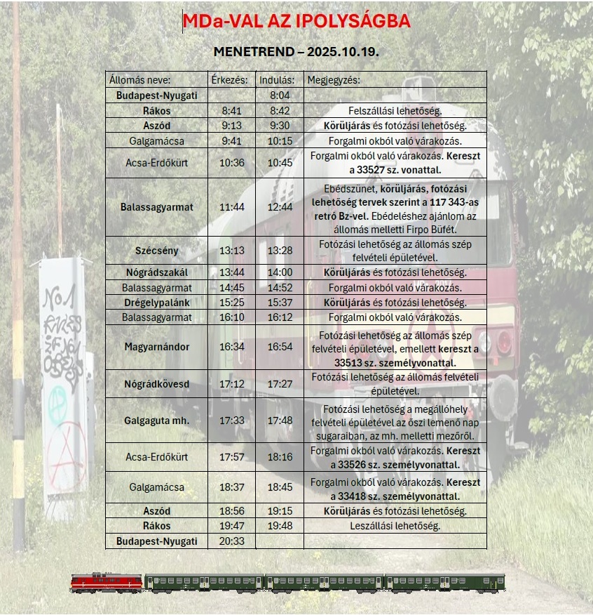 A különvonat menetrendje
