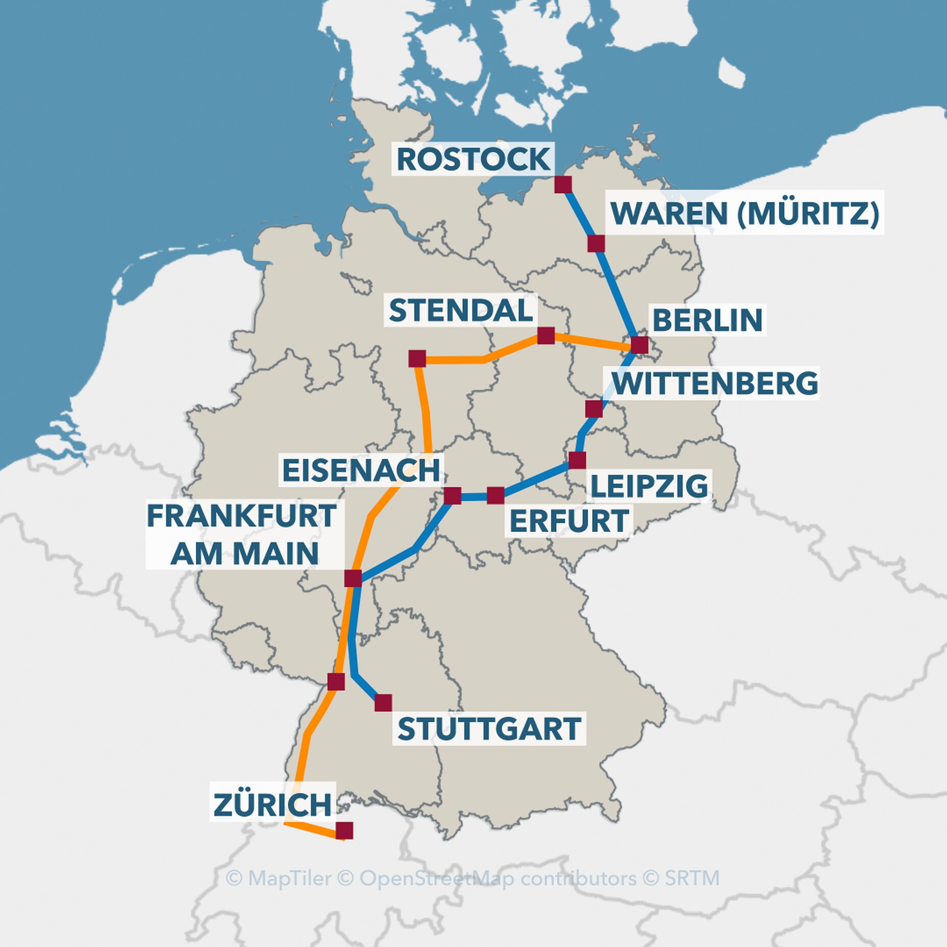 Rostock és Stuttgart, valamint Zürich és Berlin között is ICE-járatok fognak közlekedni decembertől (kép forrása: mdr.de)