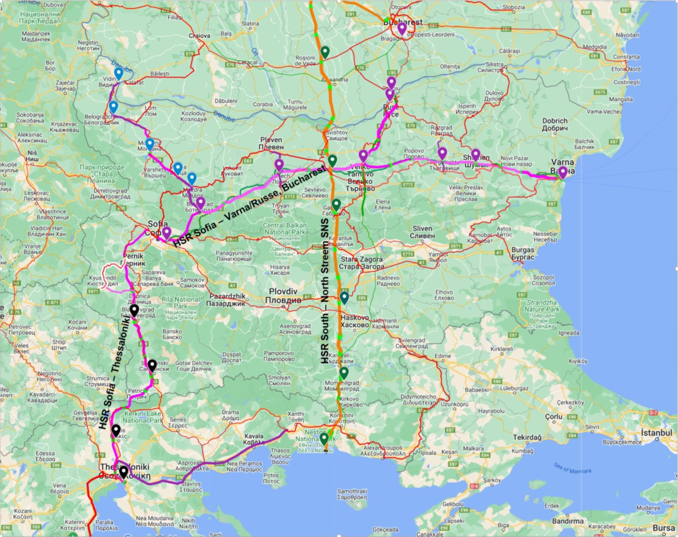 A Bulgáriát észak–déli és kelet–nyugati irányban is átszelő nagysebességű vasúthálózat tervezett nyomvonala (képek forrása: Railway Pro)