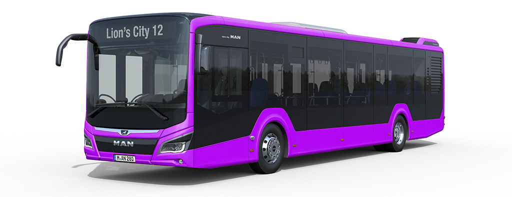 Így néznének ki az új Lion's City-k a V-Busz lila színében (grafika: MAN busdesigner)