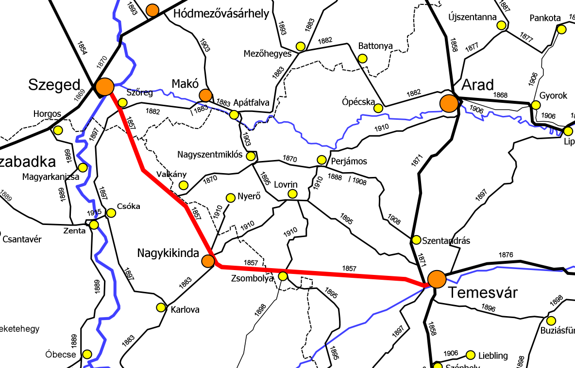 Az egykori Szeged–Temesvár vonal. A vasútvonal folytatása szempontjából azonban több lehetőség kínálkozik: az eredeti nyomvonalnak alternatívája lehet az egykori Makó–Nagyszentmiklós–Lovrin–Temesvár kapcsolat újjáélesztése, amely Szerbiát elkerülve teremthet összeköttetést a két város között (kép forrása: Wikipedia)