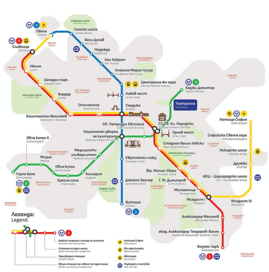 A már négy vonalból álló szófiai metróhálózat (kép forrása: Wikipedia)