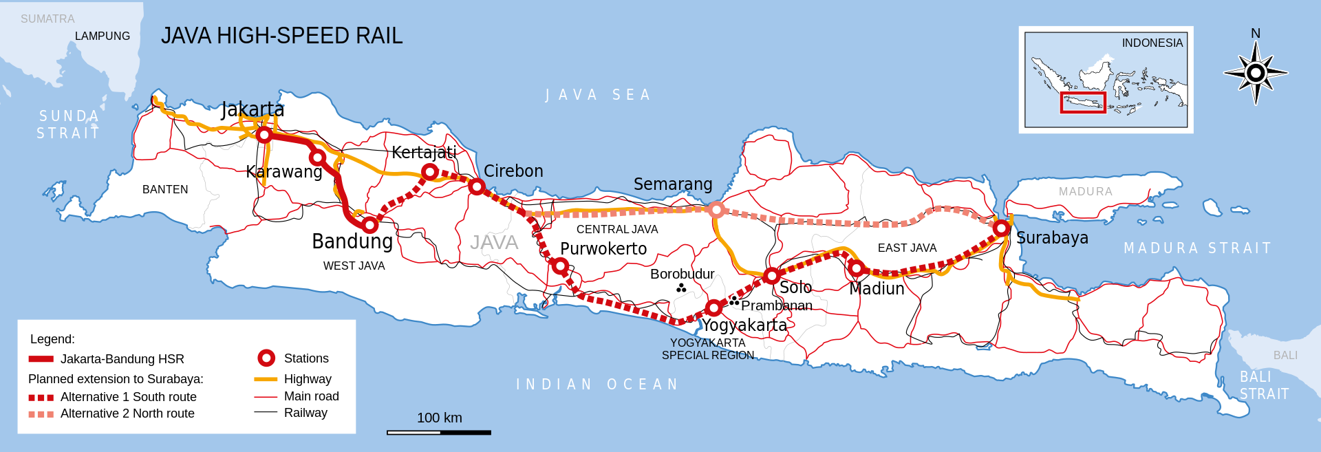 Az indonéz nagysebességű vasútvonal első, Dzsakarta és Bandung közötti elkészült szakasza. A Surabayáig vezető hosszabbítást már tervezik (kép forrása: Wikipedia)