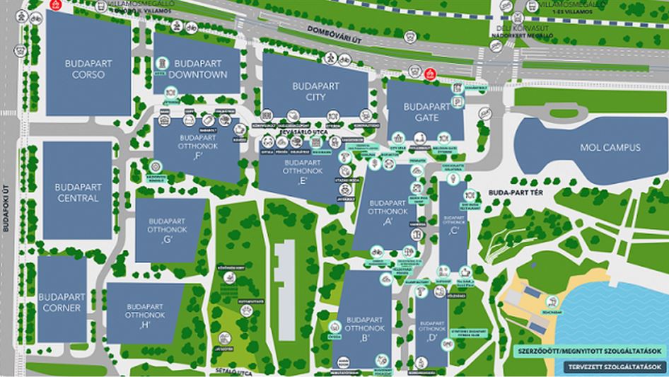 Térképen a BudaPart városrész, benne a Budapest Corsóval és Cornerrel