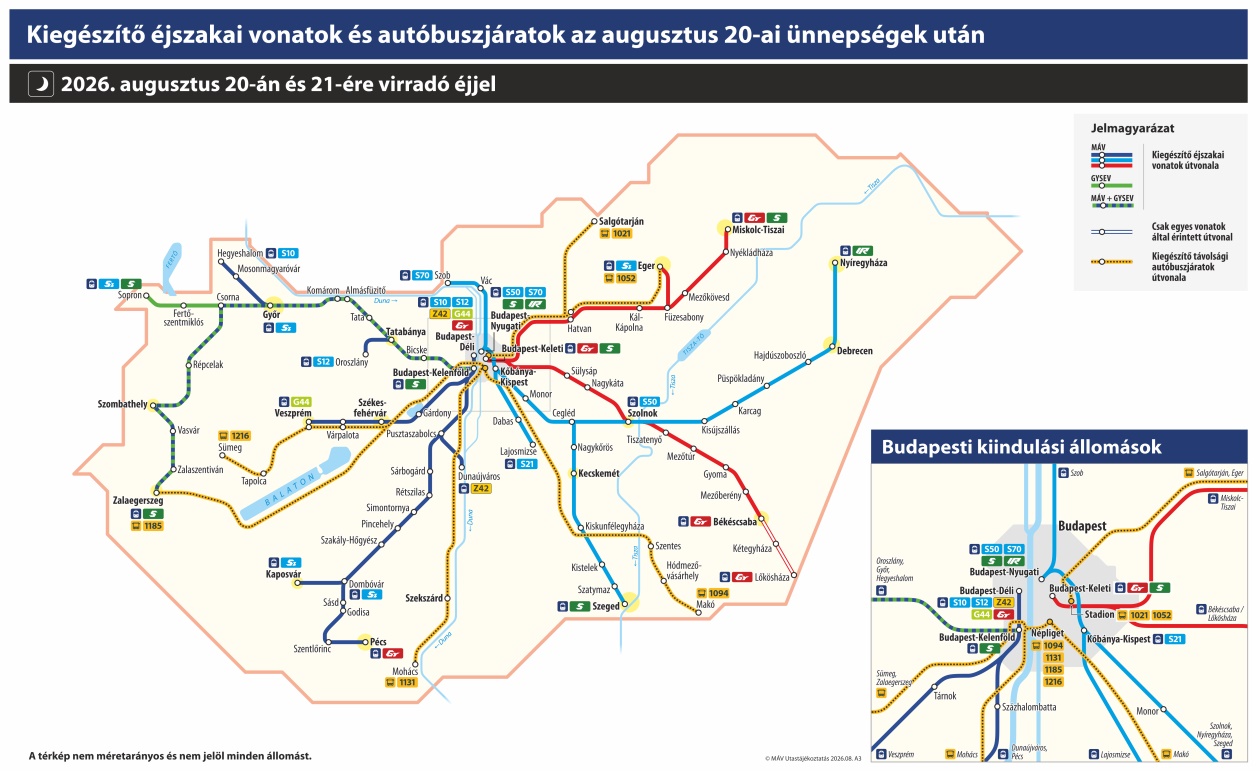 A MÁV-csoport idén is számos vasúti és autóbusz-vonalon nyújt közvetlen éjszakai hazajutási lehetőséget a fővárosból az augusztus 20-ai ünnepi tűzijátékot követően (kép forrása: MÁV-csoport)