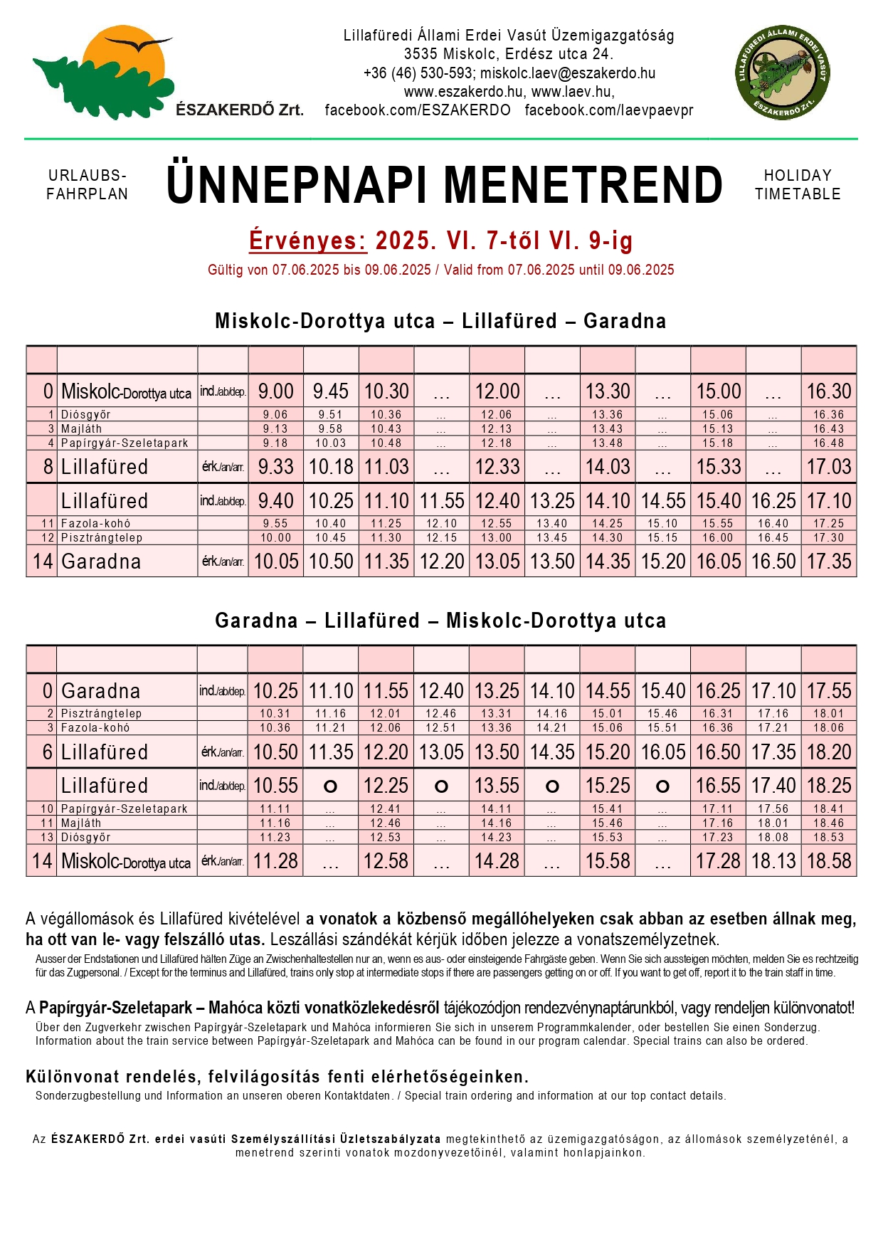 Pünkösdi menetrend a LÁEV-en (kép forrása: Északerdő Zrt.)