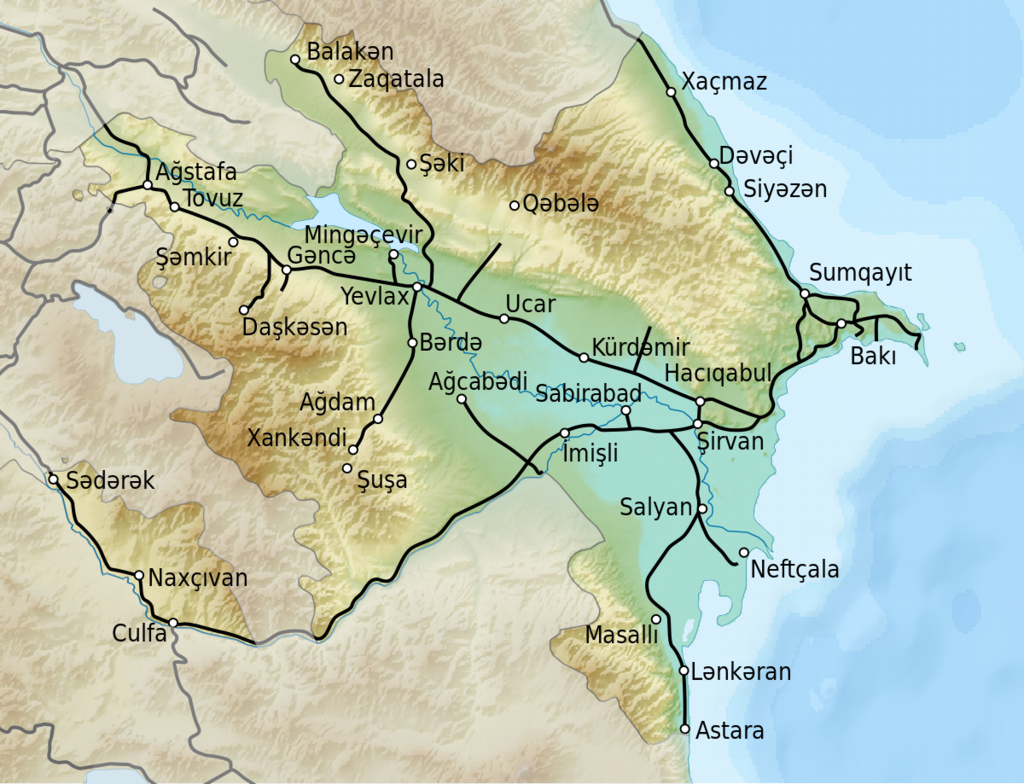 A vasúti személyszállítás újraindítása a főváros és Ağdam között hozzájárul majd a térség fellendüléséhez (térkép forrása: Wikipedia)