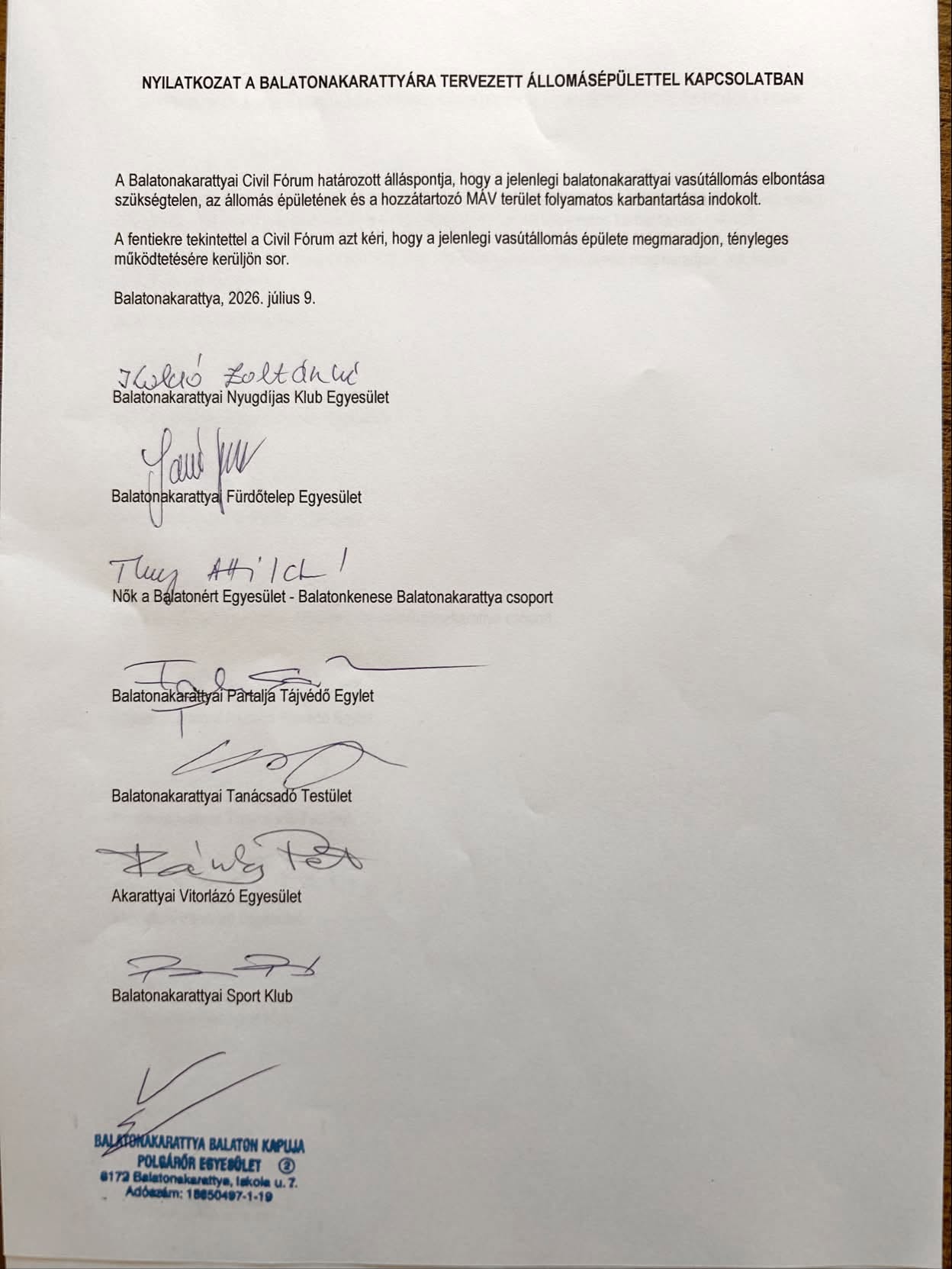 A balatonakarattyai civil szervezetek közös álláspontja (kép: Imrédy Szabolcs Facebook-oldala)