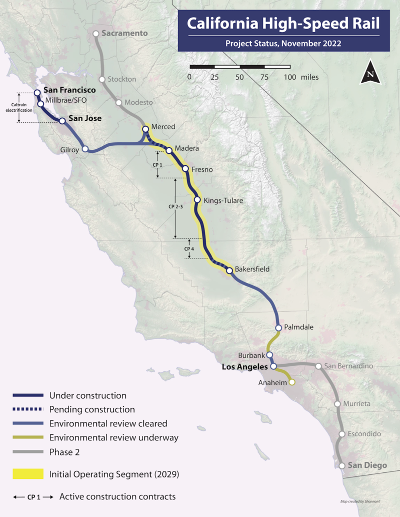 A kaliforniai nagysebességű vasúthálózat középső szakasza már kivitelezés alatt áll (térkép forrása: Wikipedia)