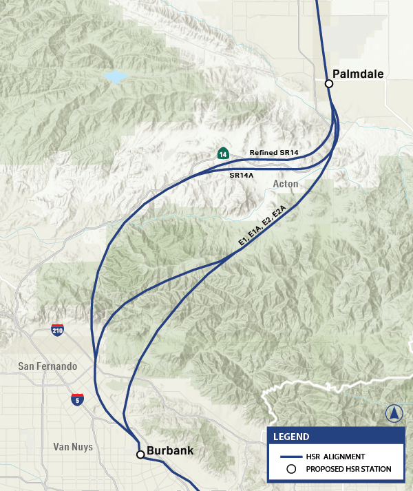 A nagysebességű vasút Palmdale és Burbank közötti szakaszának altenatívái (kép forrása: CHSRA)