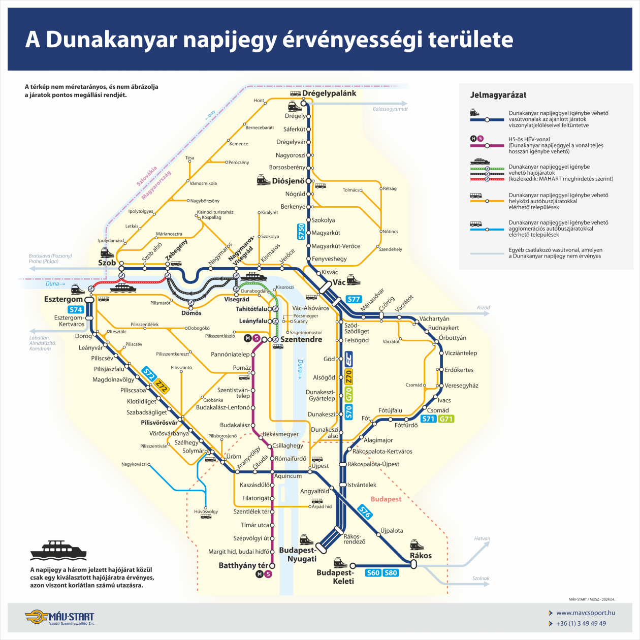 A Dunakanyar napijeggyel igénybe vehető útvonalak (kép forrása: MÁV–Volán-csoport)