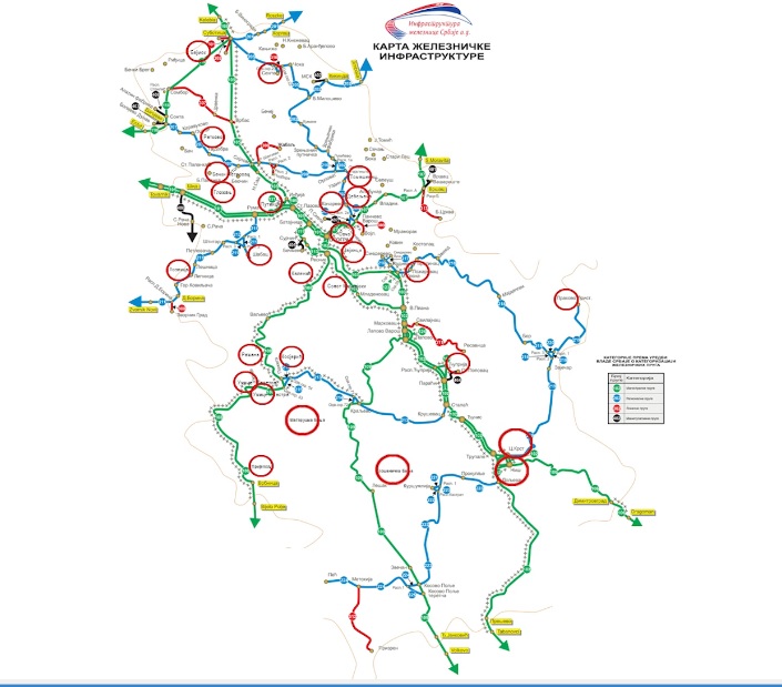A felújításra szánt huszonhét állomás elhelyezkedése Szerbia vasúti térképén (kép forrása: Infrastruktura Železnice Srbije honlapja)