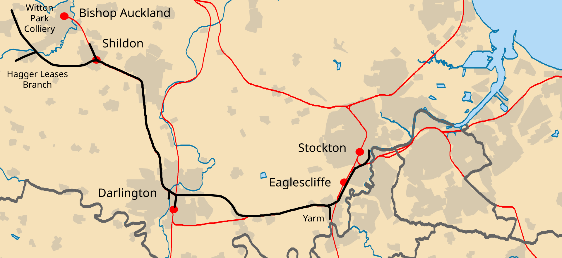 A Stockton és Darlington között futó vasútvonal. Feketével az eredeti pályák 1827-ben, pirossal a jelenlegi hálózat (kép forrása: Wikipedia)
