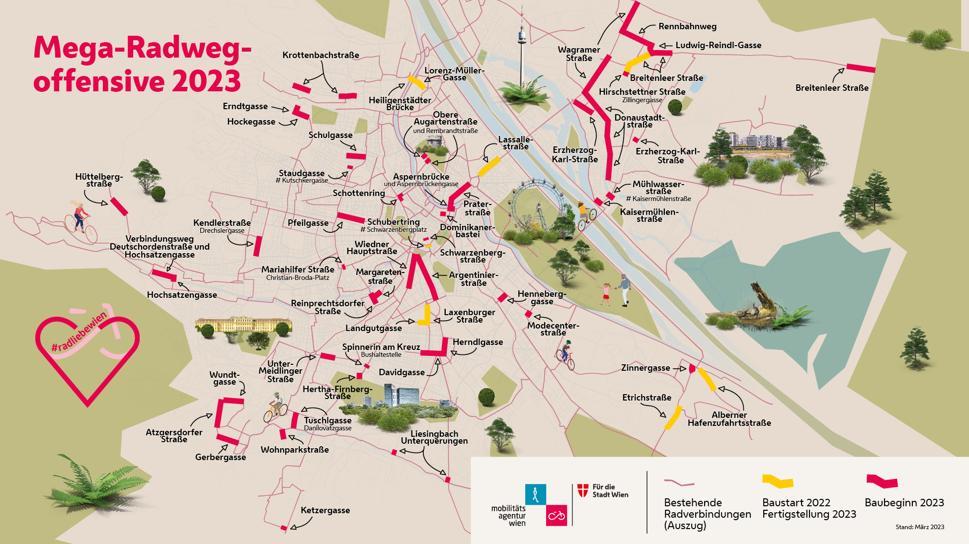 Bécs 2023-as kerékpáros fejlesztési terve (térkép: Mobilitätsagentur)